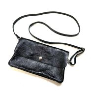 M&M leather fashion schoudertasje 12x20cm metallic zwart #