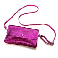 M&M leather fashion schoudertasje 12x20cm metallic fuchsia #