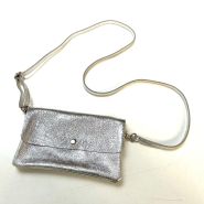 M&M leather fashion schoudertasje 12x20cm metallic zilver #